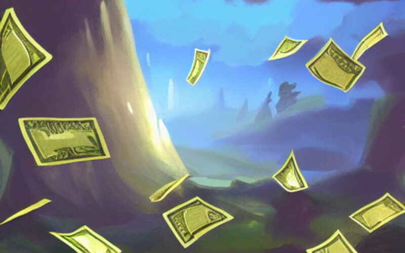 IMage of money falling from the sky. By earning passive income with our 12 passive income ideas, you can earn more money throughout the year in addition to you job earnings