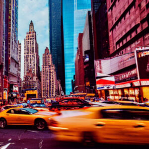 New york city streets with buildings in the background and taxi on the street. NYC has become a major point in the illegal immigration enforcement battle.