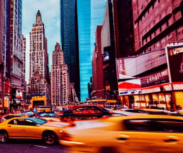 New york city streets with buildings in the background and taxi on the street. NYC has become a major point in the illegal immigration enforcement battle.